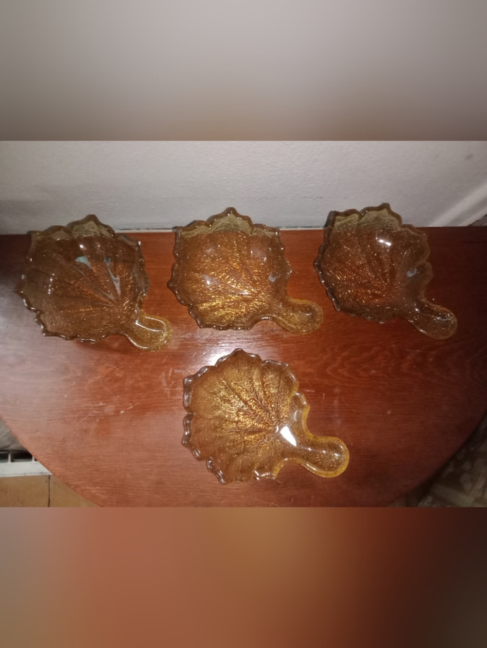 Early American Pattern Glass Amber Leaf Shaped Dish Set of 4
